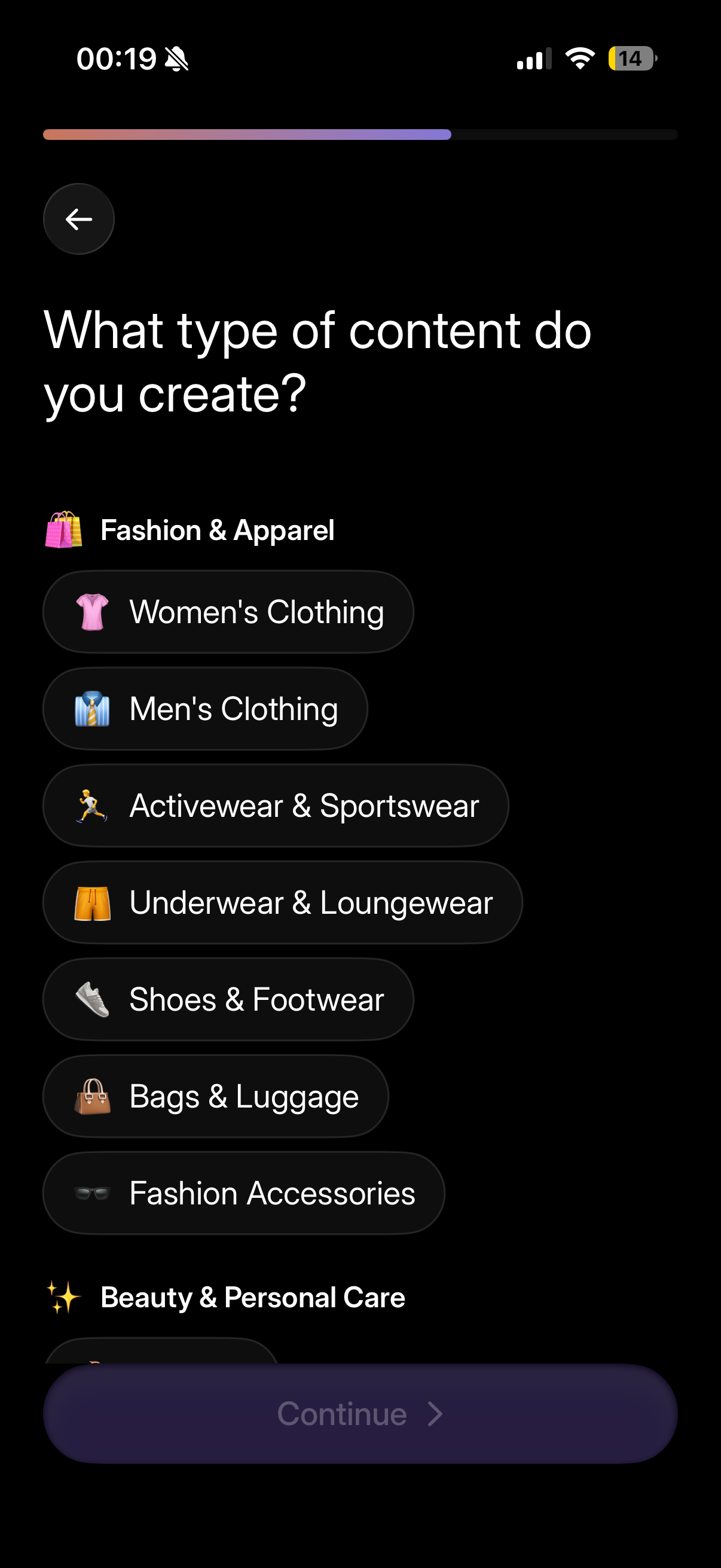 Content type selection screen
